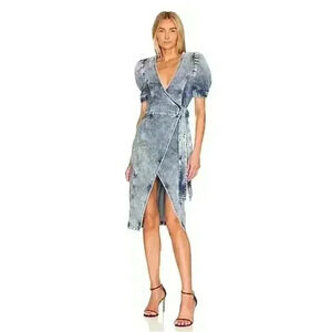 NEW Retrofete Zelda Wrap Dress Sienna Blue Denim V-Neck Puff Sleeve Sz XS